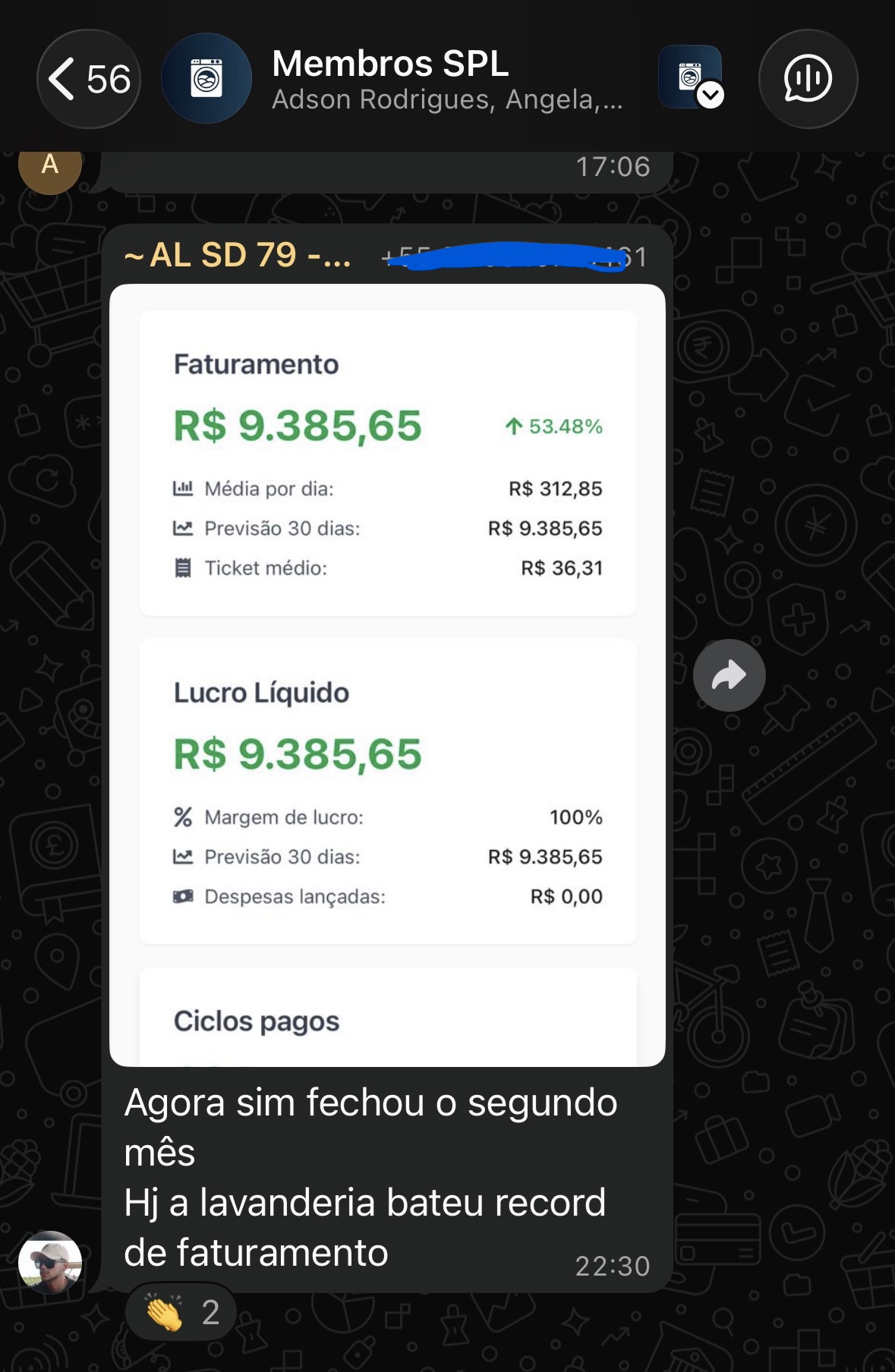Print de WhatsApp: aluno SPL relatando R$9.385,65 de faturamento no segundo mês