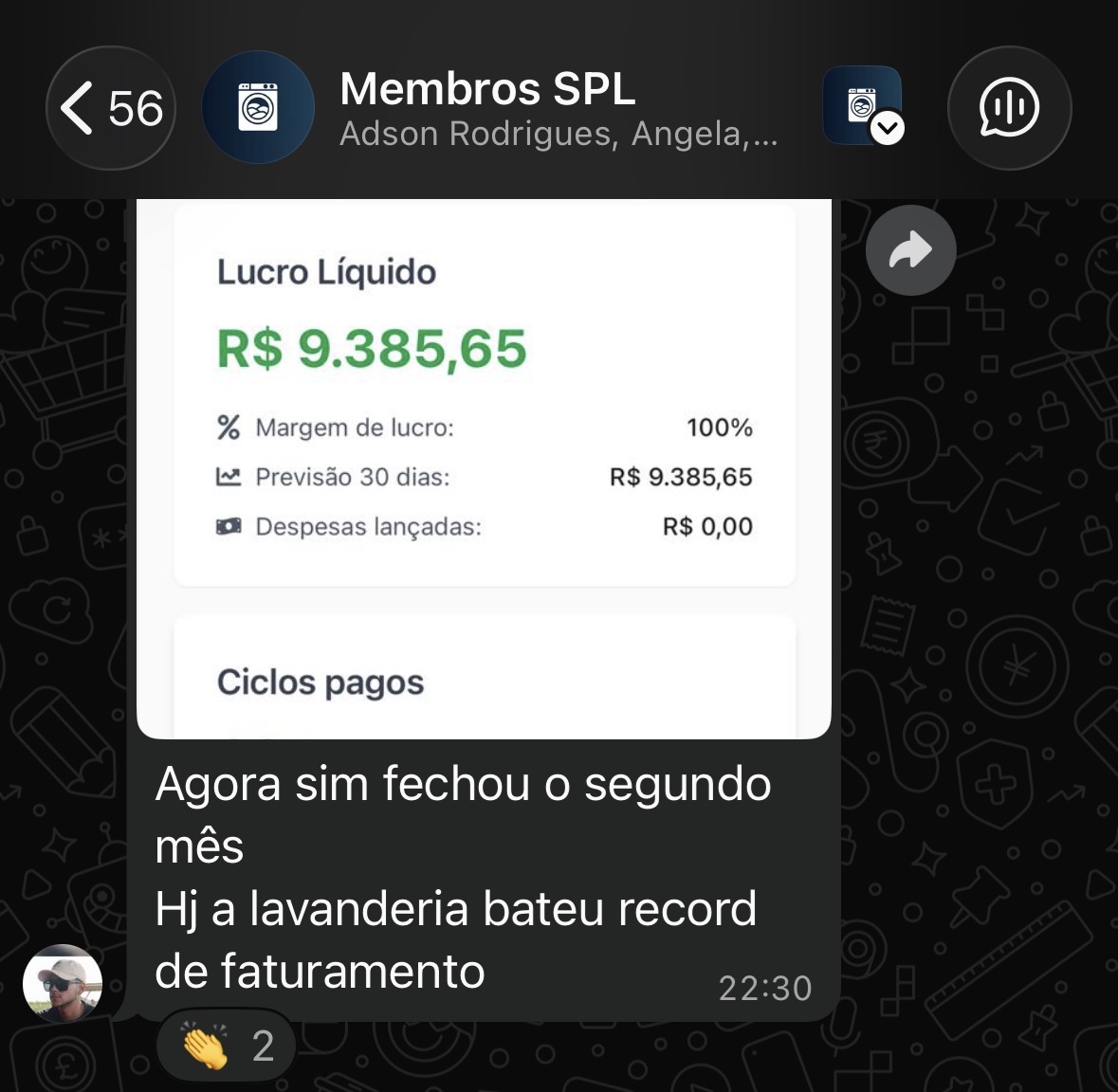 Print de WhatsApp: aluno SPL comemorando recorde de faturamento no segundo mês