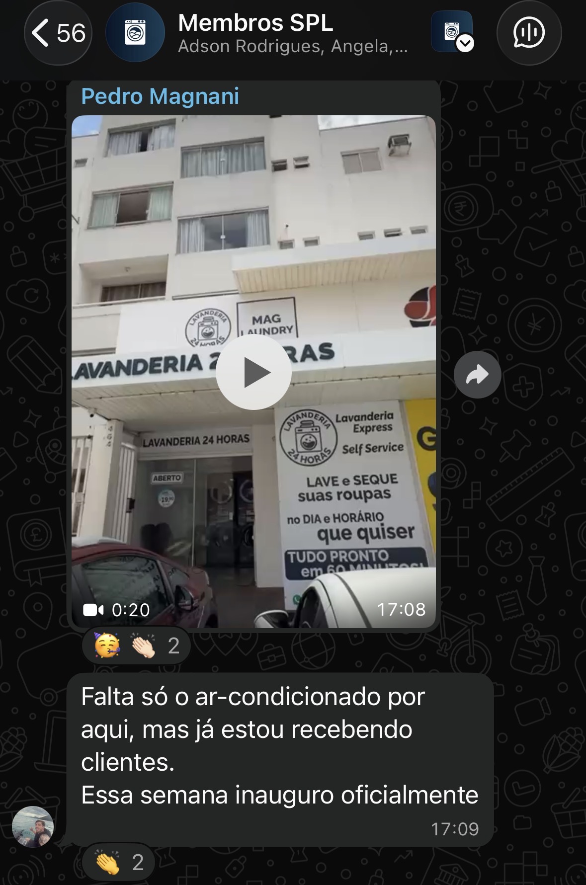 Print de WhatsApp: Pedro Magnani mostrando a lavanderia já recebendo clientes