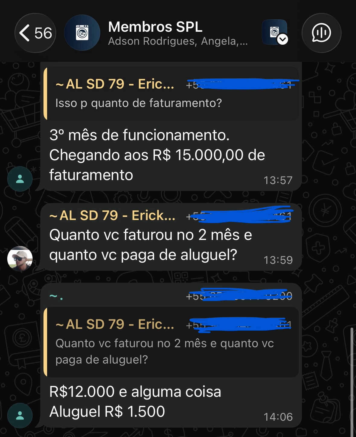 Print de WhatsApp: aluno SPL relatando R$15.000 de faturamento no 3º mês