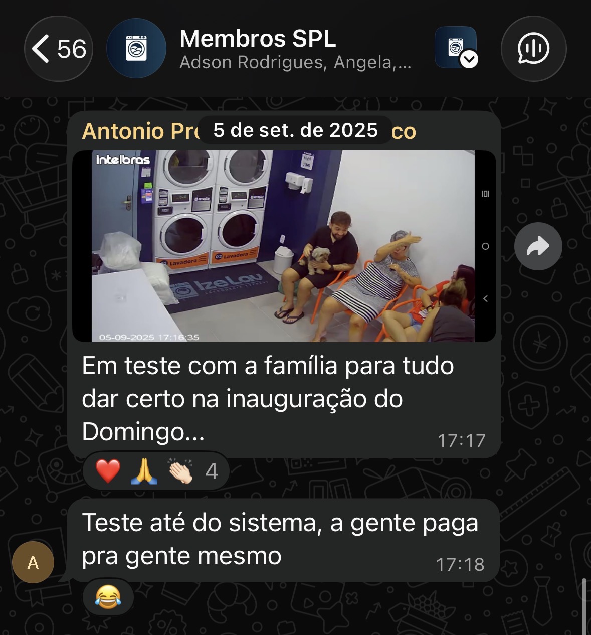 Print de WhatsApp: aluno SPL testando a lavanderia com a família antes da inauguração