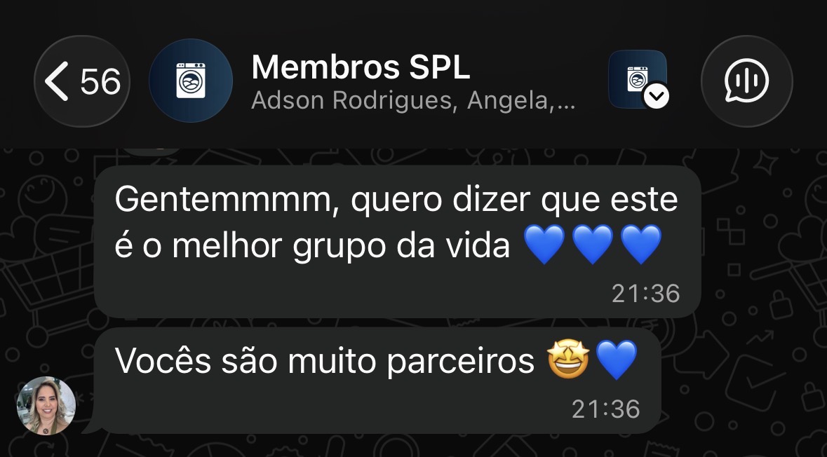 Print de WhatsApp: aluna elogiando o grupo de membros SPL
