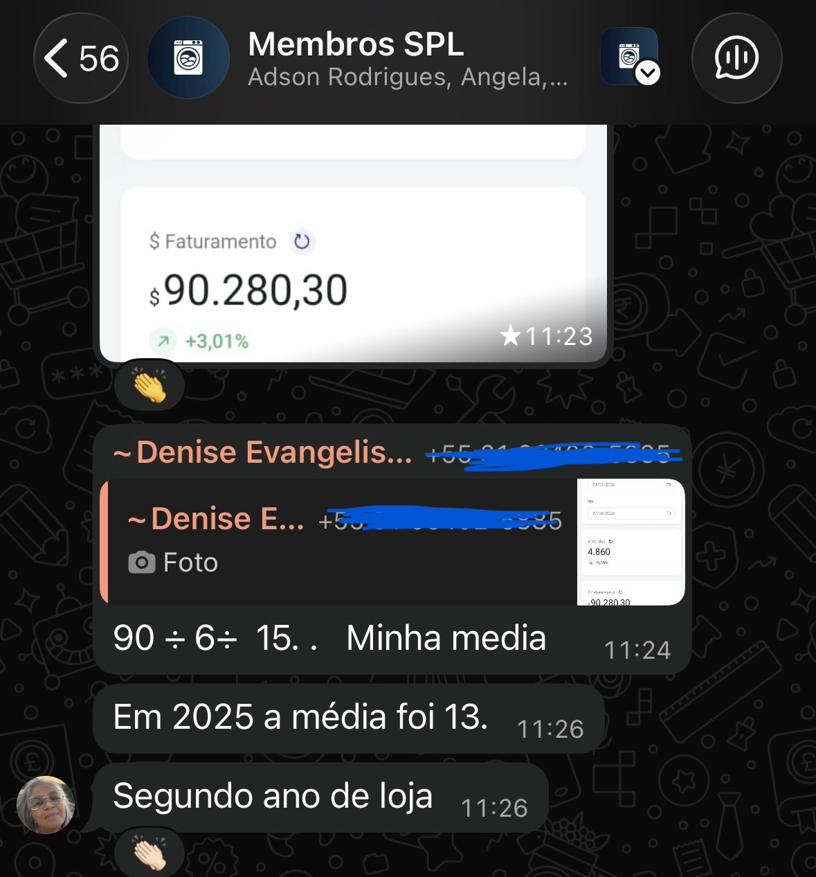 Print de WhatsApp: Denise Evangelista relatando R$90.280,30 de faturamento no segundo ano de loja
