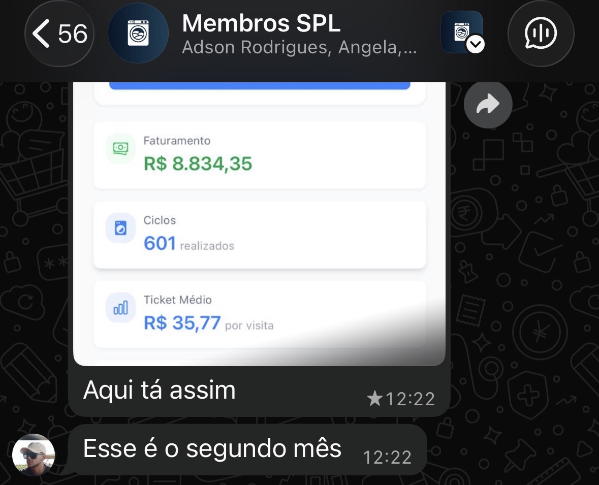 Print de WhatsApp: aluno SPL relatando R$8.834,35 de faturamento no segundo mês