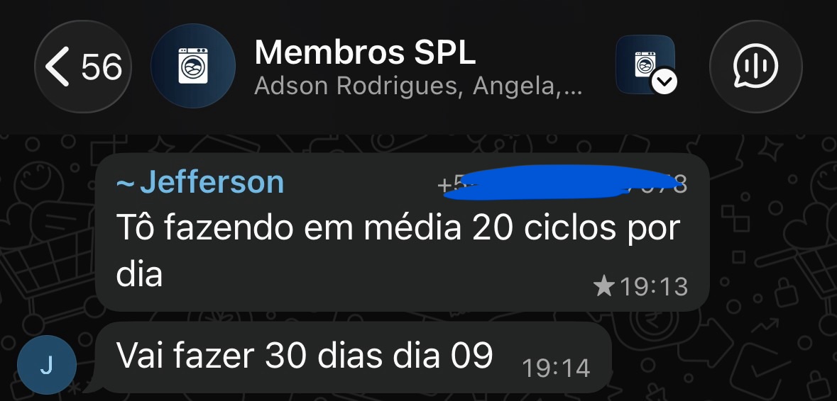 Print de WhatsApp: Jefferson relatando média de 20 ciclos por dia