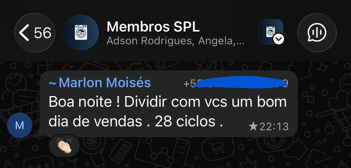 Print de WhatsApp: Marlon Moisés relatando 28 ciclos em um bom dia de vendas